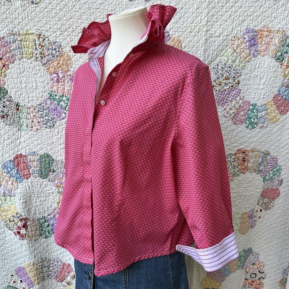 Upcycled Re-worked Talbots Hot Pink Polka Dot Fitted Ruffle Collar Shirt L - Picture 2 of 11